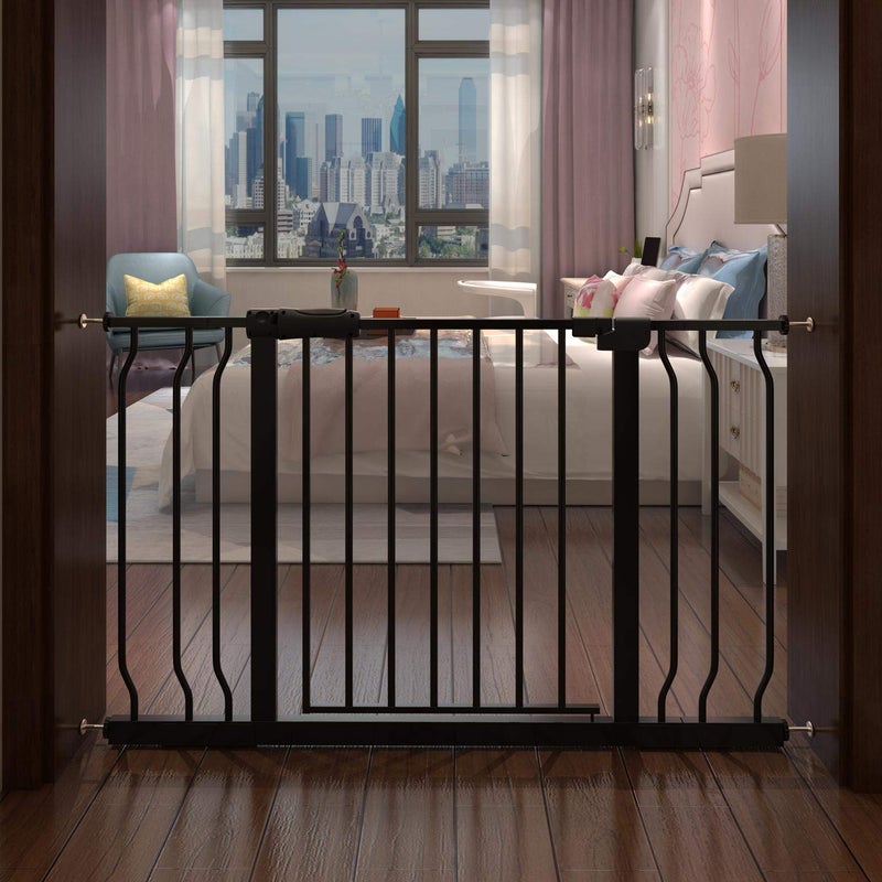 COSEND Extra Wide Baby Gate Tension Indoor Safety Gates Black Metal Large Pressure Mounted Pet Gate Walk Through Long Safety Dog Gate for The House Doorways Stairs (38.58"-43.31"/98-110CM, Black) - Image 1